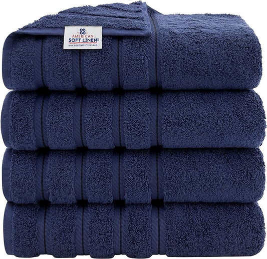 American Soft Linen Luxury 4 Piece Bath Towel Set, 600 GSM 100% Cotton Turkish Bath Towels for Bathroom, 27x54 in Extra Large Bathroom Shower Towels, Navy Blue