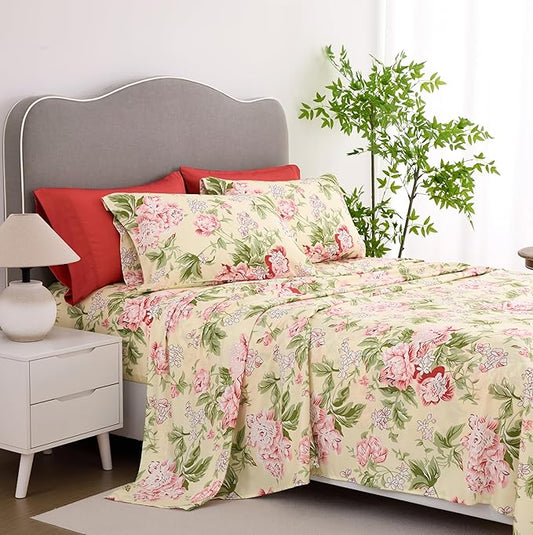 Queen Size Bed Sheets Set Deep Pockets - 6PC Floral Ultra Soft Microfiber Bed Sheets - Easy to Clean, 90 Thread Count Sheets with Fitted Sheet, Flat Sheet & Pillowcases (Rose Floral)