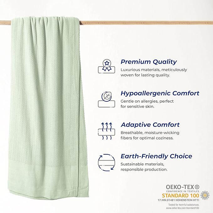 THREAD SPREAD Organic GOTS Cotton Certified Blanket, King/Cal King - 350GSM, Oversized Antistatic, Fuzzy Soft, Couch, Bed, Luxurious Herringbone All-Season Throw, Sage Green, Free Tote Bag