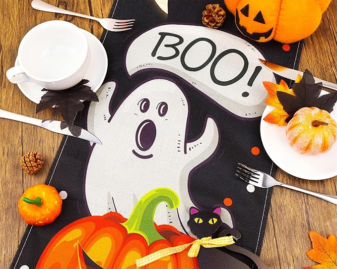 YATOJUZI Black Cat Table Runner - Halloween Table Runners Black Cat Ghost Pumpkin Decorations Decor for Home Kitchen Dining Table Halloween Party - 13x72 Inch