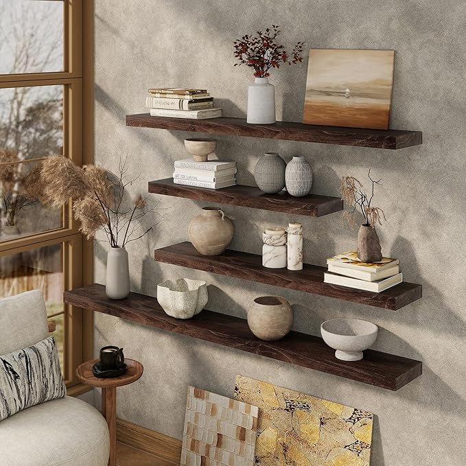 Marsmiles 36 inch Floating Shelves for Wall Solid Elm Wood Shelves|Rustic Wall Shelves with Invisible Heavy-Duty Bracket for Bathroom Living Room Kitchen|Walnut, 2 Pack