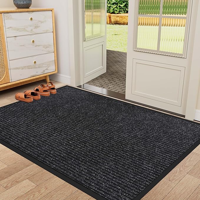 Indoor Outdoor Door Mat, 4' x 3' Doormat for Entryway, Rubber Backing Non Slip Front Door Mat Outside Entrance, Super Absorbent Commercial Floor Mat for Home Office, Black