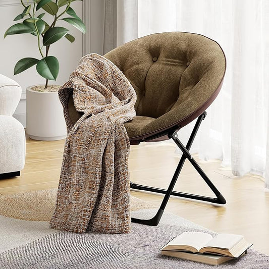 Folding Faux Fur Saucer Chair,Portable Folding Soft Moon Chair,Comfortable Lounge Chair with Metal Frame for Bedroom, Dorm Rooms, Apartments, Lounging, Garden and Courtyard, Brown