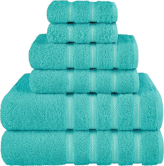 American Soft Linen Luxury 6 Piece Towel Set, 2 Bath Towels 2 Hand Towel 2 Washcloths, 600 GSM 100% Cotton Turkish Towels for Bathroom, Turquoise Blue Towel Sets