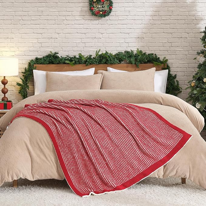Snuggle Sac Christmas Soft Throw Blanket for Couch, Fuzzy Microfiber Knit Stripe Blankets for Couch, Sofa, Travel, Red Cream, 50x60 inches