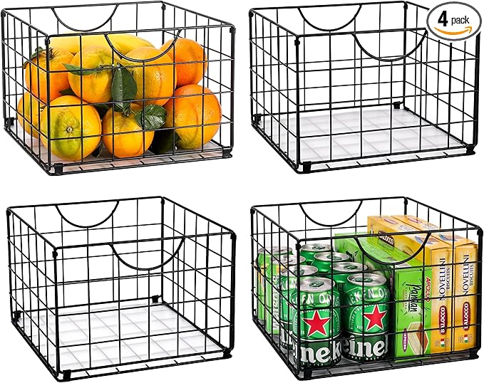 Metal Wire Basket Foldable Set of 4, Metal Bins for Organizing with PVC Sheet, 10.5x10.5in Wire Pantry Baskets Freezer Organizer Bins for Kitchen Closet Bathroom-Black