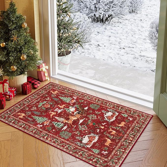 Lahome Indoor Christmas Rug 2x3 Small Kitchen Bathroom Rugs for Entryway,Washable Soft Non-Slip Christmas Tree Santa Claus Area Rug,Door Mat for Winter Living Room Bedroom Holiday Decor(2x3,Red)