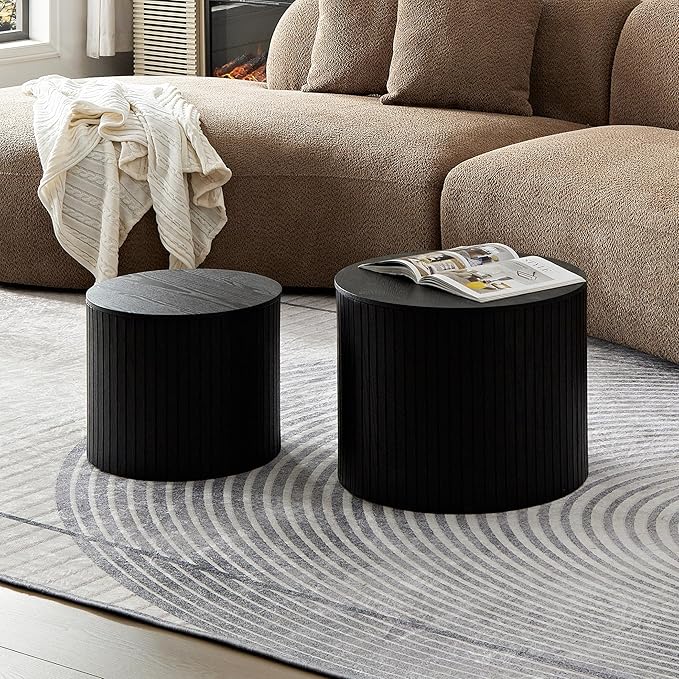 Round Storage Side Table Set of 2, Nesting Coffee Tables with Hidden Storage, Modern Wood Accent End Table for Living Room, Bedroom, Small Space, Minimalist Bedside Table, No Assembly(Black)