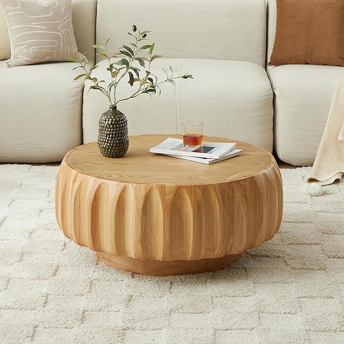 31.5" Round Wood Coffee Table - Mid Century Modern Solid Wood Coffee Tables with Fluted Design for Living Room, Small Space, Apartment