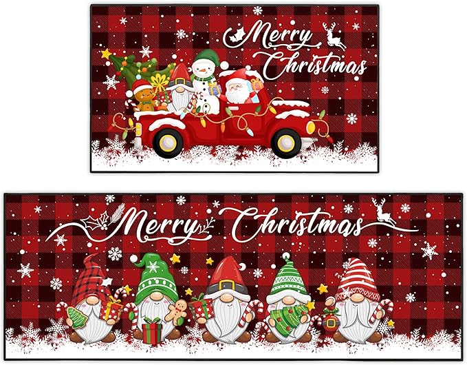 2 Piece Buffalo Plaid Christmas Gnome Themed Kitchen Rug Set, Soft and Absorbent Non-Slip Kitchen Floor Mats, Winter Merry Christmas Decor 17x30+17x47 Inches