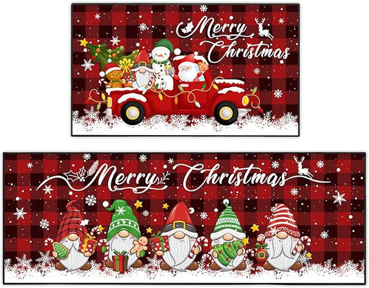2 Piece Buffalo Plaid Christmas Gnome Themed Kitchen Rug Set, Soft and Absorbent Non-Slip Kitchen Floor Mats, Winter Merry Christmas Decor 17x30+17x47 Inches