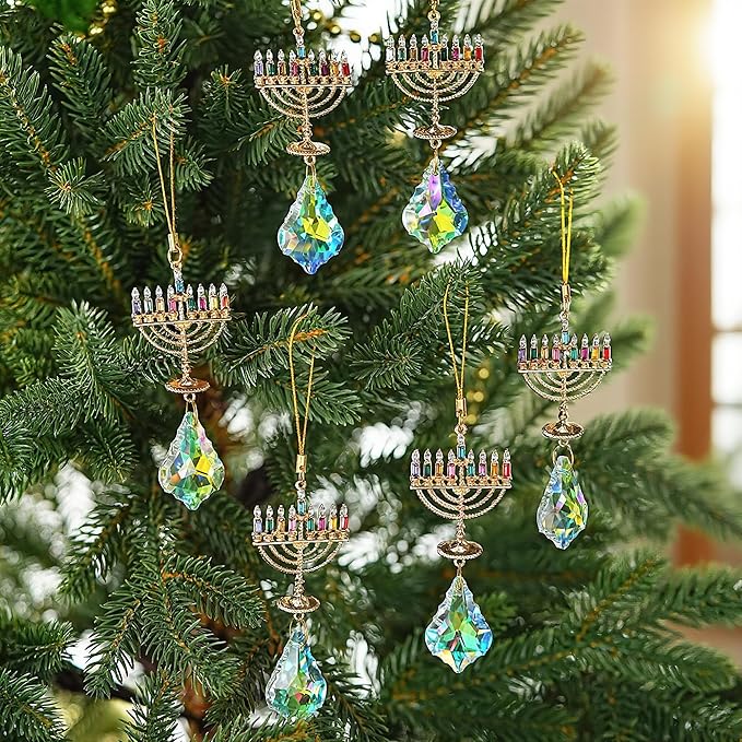 6 PCS Hanukkah Menorah Hanging Ornaments, Crystal Suncatchers for Christmas Tree, Halloween & Hanukkah Decor, Window Suncatchers & Gift