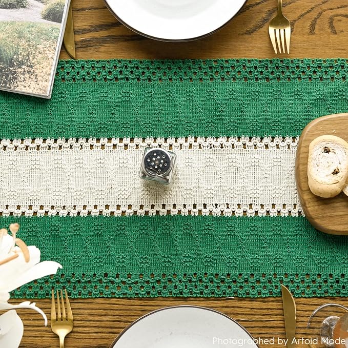 Artoid Mode Dark Green Farmhouse Rustic Table Runner, Seasonal Hollow Kitchen Dining Table Decoration for Home Party Decor 12x48 Inch