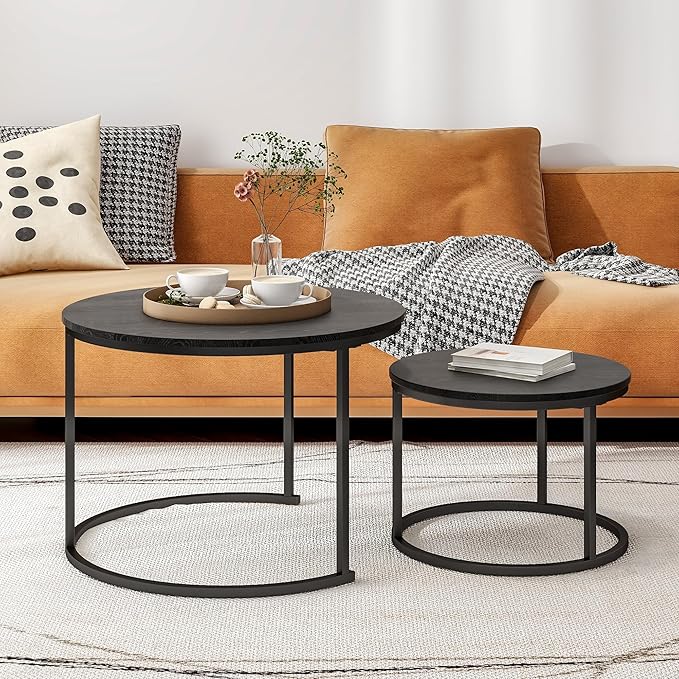 HOJINLINERO Round Coffee Table Set of 2 End Tables for Living Room,Black Coffee Table Nesting Tables,Living Room Table Wooden Accent Furniture Metal Frame,Sturdy Stacking Side Tables,Easy Assembly
