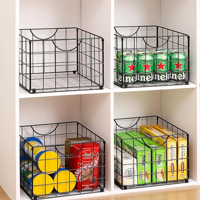 Metal Wire Basket Foldable Set of 4, Metal Bins for Organizing with PVC Sheet, 10.5x10.5in Wire Pantry Baskets Freezer Organizer Bins for Kitchen Closet Bathroom-Black