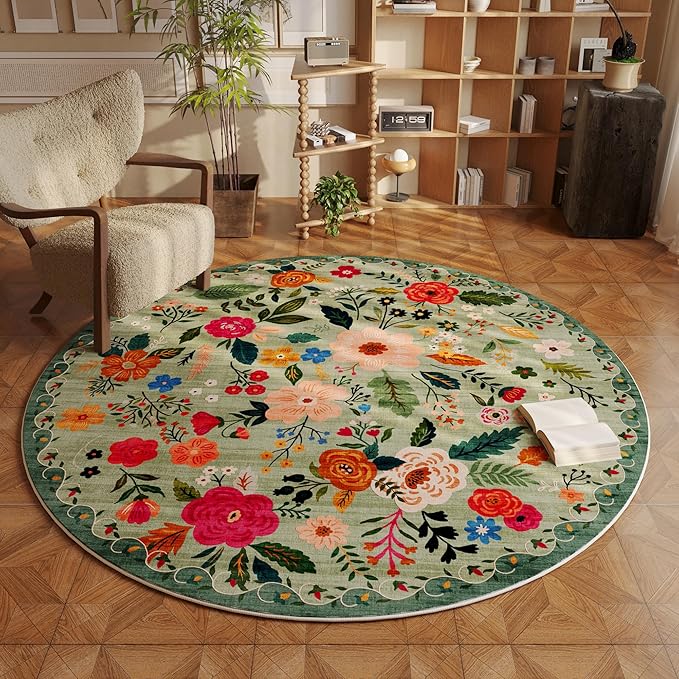 Rugcomf Round Rug 4ft Washable Circle Rug Non Slip Low Pile Boho Floral Small Circular Rug for Bedroom, Bathroom, Entryway, Kids Room, Office, College Dorm(Green)