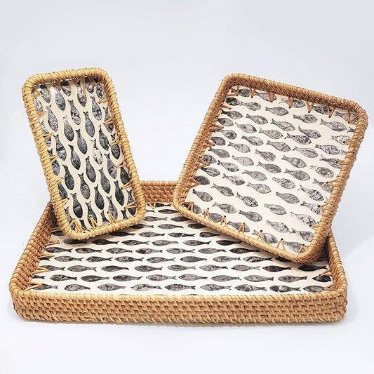 Set of 3 Rectangle Rattan Serving Trays with Mother of Pearl Inlay – Hand-Woven Wicker Trays for Coffee Table, Bathroom, Kitchen Counter or Entryway, Boho Coastal Decor, Coastal Design