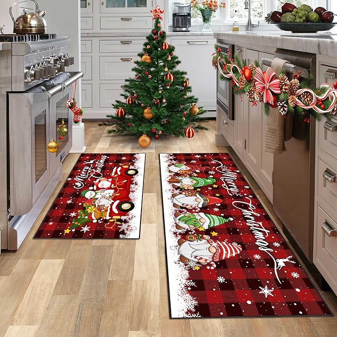 2 Piece Buffalo Plaid Christmas Gnome Themed Kitchen Rug Set, Soft and Absorbent Non-Slip Kitchen Floor Mats, Winter Merry Christmas Decor 17x30+17x47 Inches