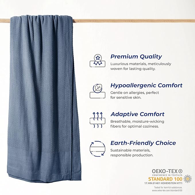 THREAD SPREAD Organic GOTS Certified Cotton Blanket, Twin/Twin XL - 350 GSM, Antistatic, Fuzzy Soft, Lightweight, Sofa, Camping & Travel, All-Season Herringbone Throw, Medium Blue + Bonus Tote Bag