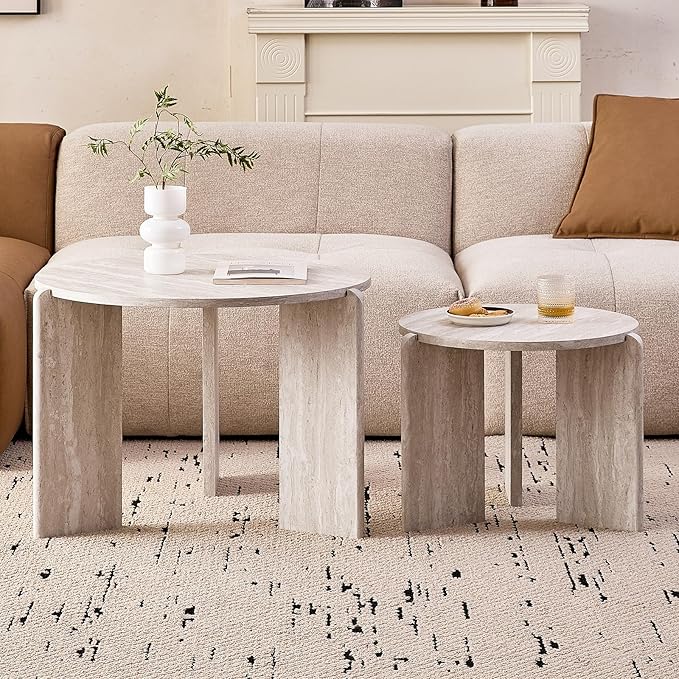 Round Nesting Coffee Tables Set of 2 for Living Room [Interchangeable Height] φ27.6 + φ19.7 Mid Century Modern Circle Side Tables for Bedroom Office Studio Apartment