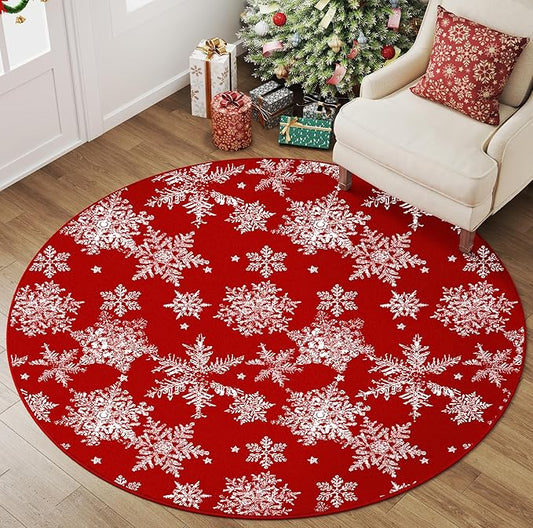 Round Area Rug 6ft Red Christmas Living Room Carpet 6 x 6 mas Large Snowflake Circle Rug Indoor Kitchen Washable Holiday Decor Bedroom Carpet for Dining Room Playroom