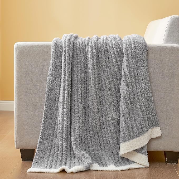 Snuggle Sac Ribbed King Size Blanket for Bed, Cozy Soft Fuzzy Microfiber Knit Stripe Bedding Blankets, Grey, 108x90 inches