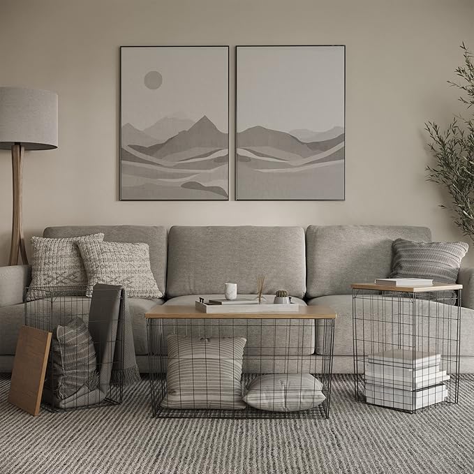 Set of 3 Living Room Tables - Metal Basket Storage with Removable Lids - 2 Small Side and 1 Large Accent Table by Lavish Home (Brown/Black)