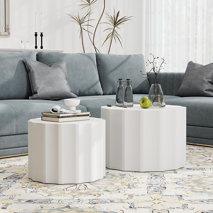 Nesting Coffee Table Set of 2, Round Coffee Tables, Space-Saving Modern Circle Coffee Tables, Side End Table for Living Room, Bedroom, Balcony, Office, White