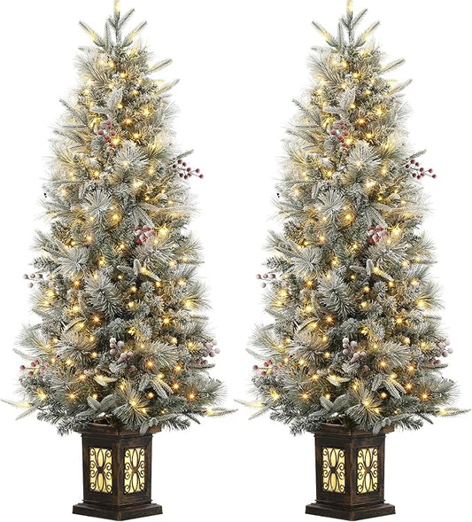 GarveeHome 4.5ft Pre-Lit Flocked Artificial Christmas Tree with Pine Cones, Artificial Xmas Tree w/ 386 Branch Tips & 200 Lights, Antique Urn Base for Home, Party Decoration,2 PCS