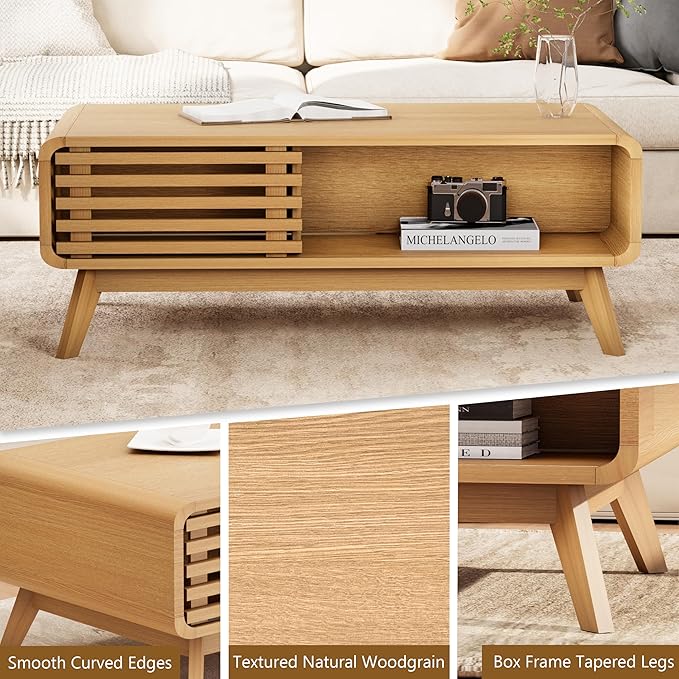 Coffee Table with Storage, Mid Century Modern Wooden Living Room Center Table, Furniture Farmhouse Wooden Coffee Table for Living Room, Oak