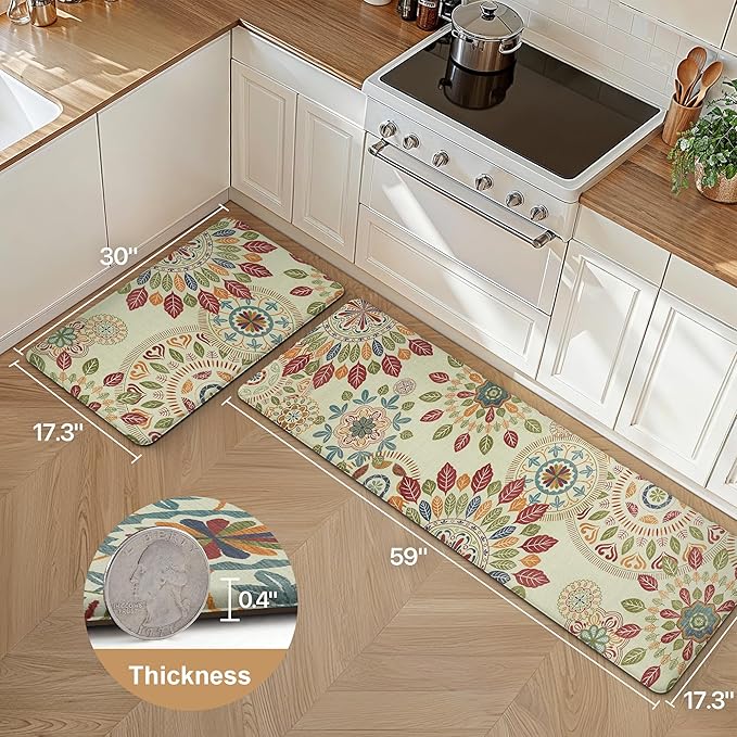 GENIMO Kitchen Mats for Floor 2PCS, Cushioned Kitchen Rugs Non Slip Washable, Farmhouse Anti Fatigue Mat Waterproof, Comfort Standing Mat Rug for Office, Home, Laundry, 17.3"x59"+17.3"x30", Beige&Red
