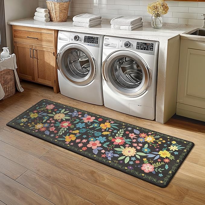 GENIMO Kitchen Mats for Floor 2PCS, Cushioned Kitchen Rugs Non Slip Washable, Farmhouse Anti Fatigue Mat Waterproof, Comfort Standing Mat Rug for Laundry, Office, Home, Sink, 23.6"x71"+20"x32", Black