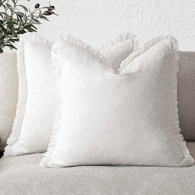 Foindtower Set of 2 Decorative Linen Fringe Throw Pillow Covers Cozy Boho Farmhouse Cushion Cover with Tassels Soft Accent Pillowcase for Couch Sofa Bed Living Room Home Decor,16×16 Inch,White