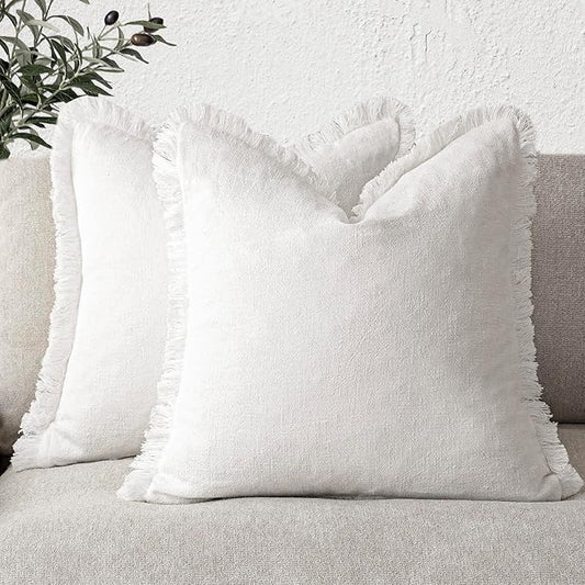 Foindtower Set of 2 Decorative Linen Fringe Throw Pillow Covers Cozy Boho Farmhouse Cushion Cover with Tassels Soft Accent Pillowcase for Couch Sofa Bed Living Room Home Decor,16×16 Inch,White