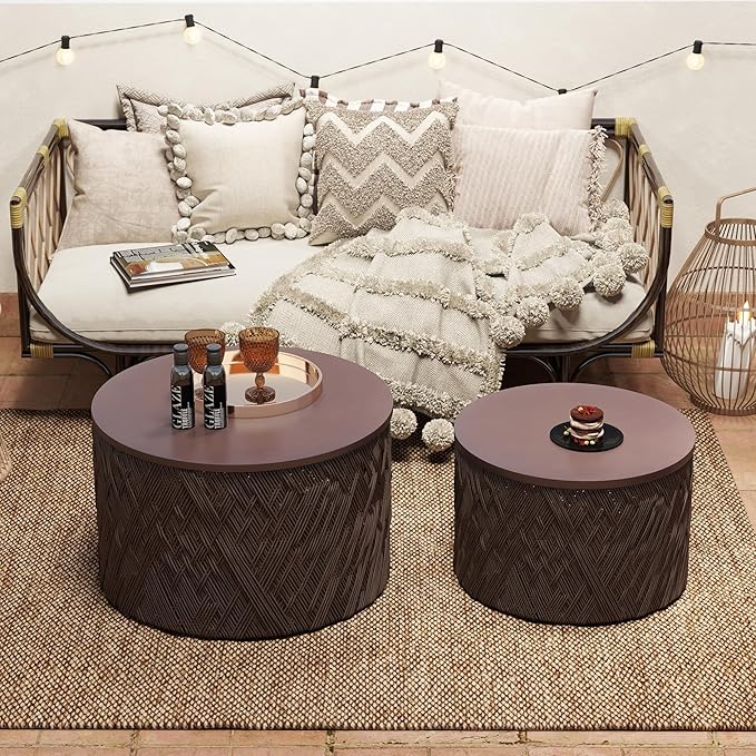 Large Farmhouse Round Coffee Table with Storage Boho Living Room Table Hand-Woven Rattan Nesting Coffee Tables for Living Room, Brown