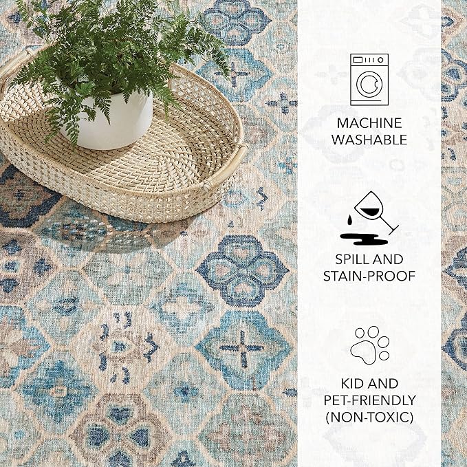 Dash and Albert Pali Machine Washable Area Rug - 2' x 3' Blue - Geometric Accent Rug - Anti-Slip Backing, Lightweight, Machine Washable, High Traffic Areas Kitchen, Mudroom, Laundry Room