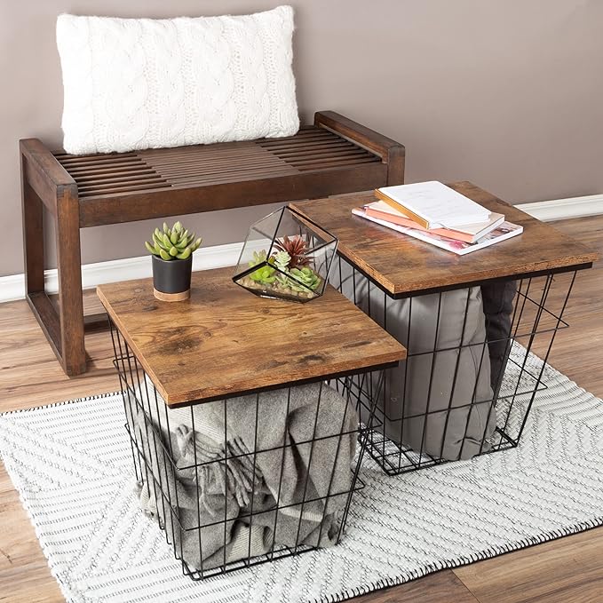 End Tables Set of 2 - Nesting Tables with Removable Wood Tops and Metal Basket Bases for Blanket Storage - Square Side Furniture for Living Room, Bedroom, or Home Office by Lavish Home (Brown)