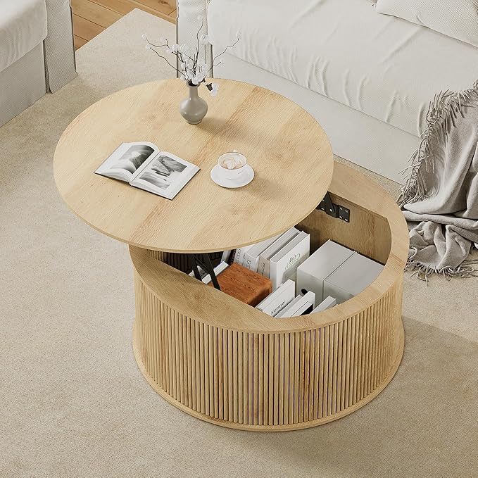 Lift Top Coffee Table, Fluted Round Coffee Table with Storage, Farmhouse Center Dining Table Circle Table for Living Room, Apartment, Home Office (Natural)