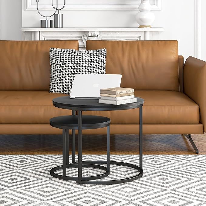 HOJINLINERO Small Coffee Table Set of 2, Round End Tables for Living Room, Modern Black Nesting Tables, Farmhouse Wood Side Table With Metal Frame, Easy Assembly, Stacking