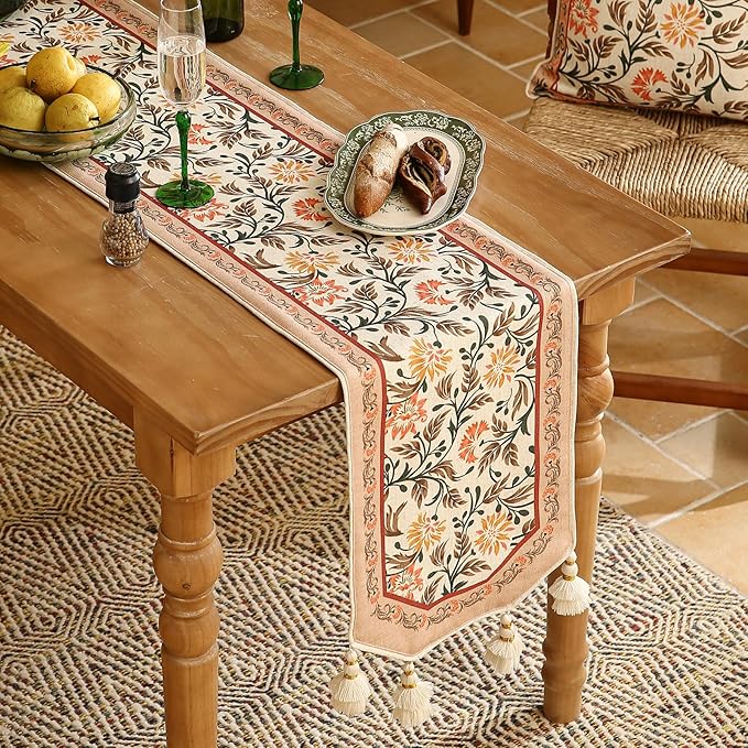 ISAENNE Designer French Elegant Linen Extra Long Table Runner 118 Inches,Farmhouse Lily Pattern Decor Table Runners for Dining Tables,Thanksgiving,Kitchen Tables,Christmas,12"*118"-Aurora A