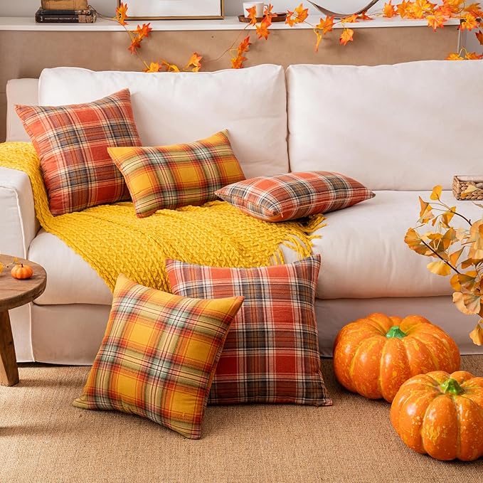 AQOTHES Fall Plaid Yellow Throw Pillow Covers 22x22 Inch, Set of 2 Autumn Decorative Throw Pillows for Couch Sofa Bed Living Room Home Decor, Accent Pillow Cases for Farmhouse Couch Cushion Covers