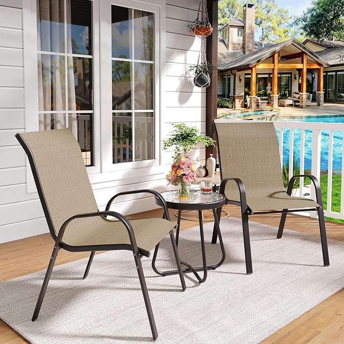 Amopatio 3 Piece Patio Set, Outdoor Stackable Dinging Chairs for All Weather, Breathable Garden Outdoor Furniture for Backyard Deck, Brown