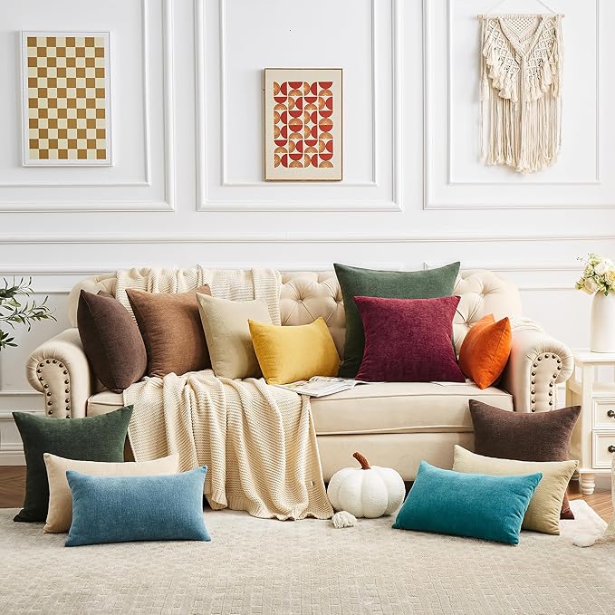 GAWAMAY Decorative Square Throw Pillow Covers 18x18 Inch Set of 4, Super Soft Chenille Pillows Cover Fall Pillowcase for Living Room Bedroom Sofa Couch Cushion Cover Brown 45x45cm (No Inserts)