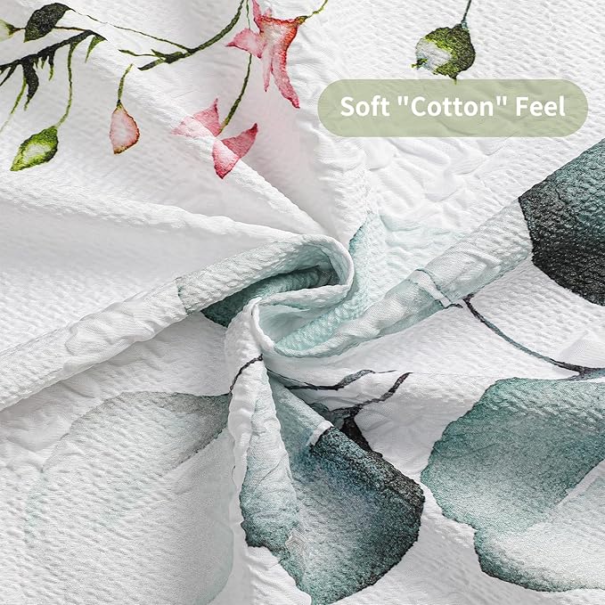 QIYI Watercolor Eucalyptus Shower Curtain, 3D Embossed Butterflies Floral Bathroom Curtain, Minimalist White Farmhouse Bath Curtain, Waterproof Fabric Green Leaves Shower Curtain Set with Hooks, 72x72