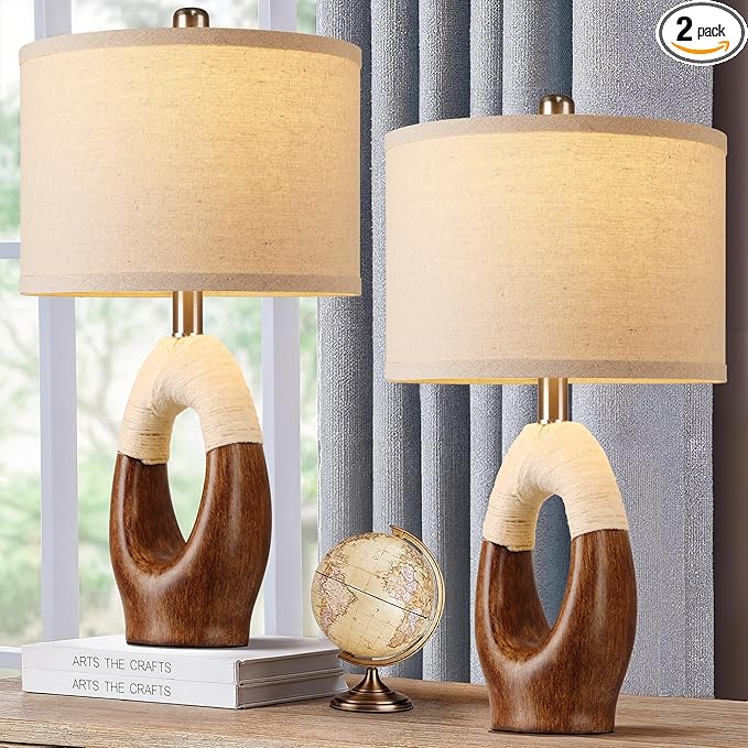 Set of 2 Boho Rattan Table Lamps,21" Farmhouse Rustic Table Lamp for Bedroom Night Stands,Wood Grain Color Resin Bedside Lamps with Linen Shades for Living Room Coastal Beach Decor(Bulbs Not Included)
