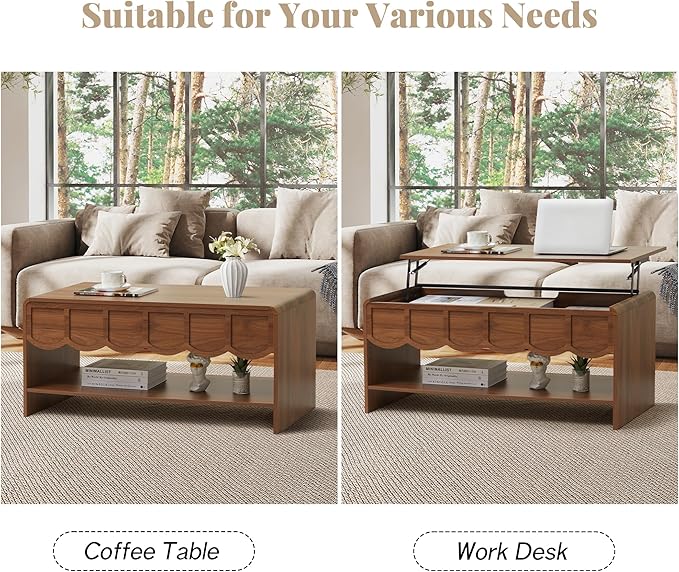 Lift Top Coffee Table with Hidden Compartment, 2 Tier Wooden Center Table with Wave Panel, Modern Lift Tabletop for Home Living Room Office, Walnut