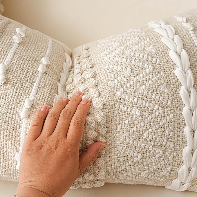 BlissBlush Decorative Lumbar Pillow Cover 14x24, Cream White Boho Accent Throw Pillow Case for Couch Sofa Bed, Modern Farmhouse Textured Lumbar Cushion Bedroom Living Room, Cover ONLY