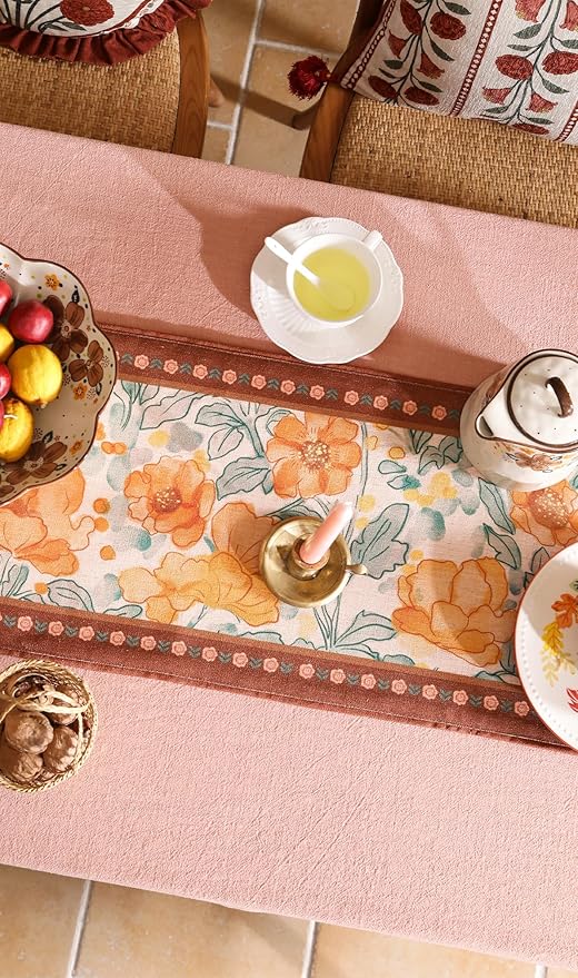 Designer Vintage Orange Floral Table Runner,French Soft Linen Farmhouse Table Runners 71 Inches Long,Decor Tabletop for Kitchen,Dining,Tea Party,Home,Christmas,12"*71"