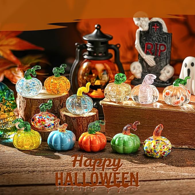 H&D HYALINE & DORA 12 Pcs Mini Blown Glass Pumpkin Figurines Crystal Halloween Pumpkin Art Decorations Table Accent for Home Thanksgiving Halloween