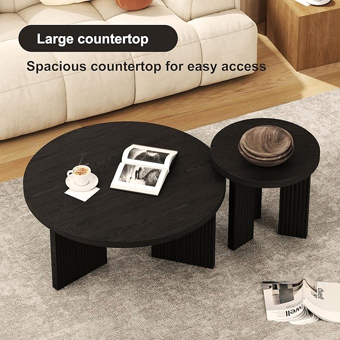 Nesting Coffee Table Set of 2, Modern Wooden Coffee Table with Smooth Thick Design, Circle Tea Table and End Table Set, Accent Center Tables for Living Room, Office, Black